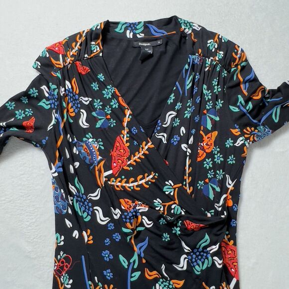 Desigual Bridie Jersey Hi Low Faux Wrap Dress Sz XL Black Floral Long Sleeve - Picture 7 of 14